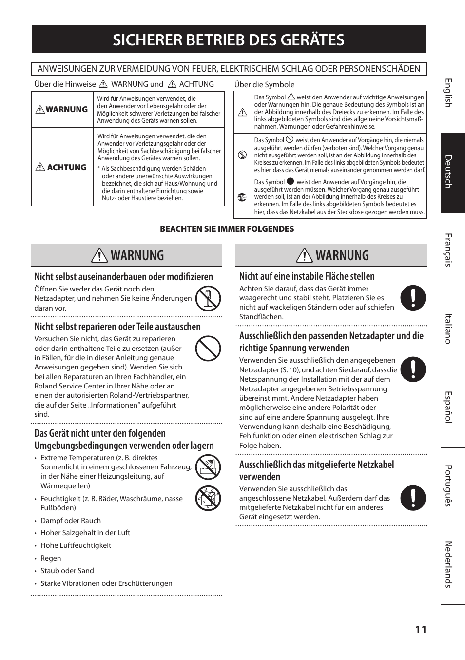 Sicherer betrieb des gerätes, Warnung, Nicht selbst auseinanderbauen oder modifizieren | Nicht selbst reparieren oder teile austauschen, Nicht auf eine instabile fläche stellen | Roland MOBILE AC: Acoustic Chorus Battery-Powered Amplifier User Manual | Page 29 / 116