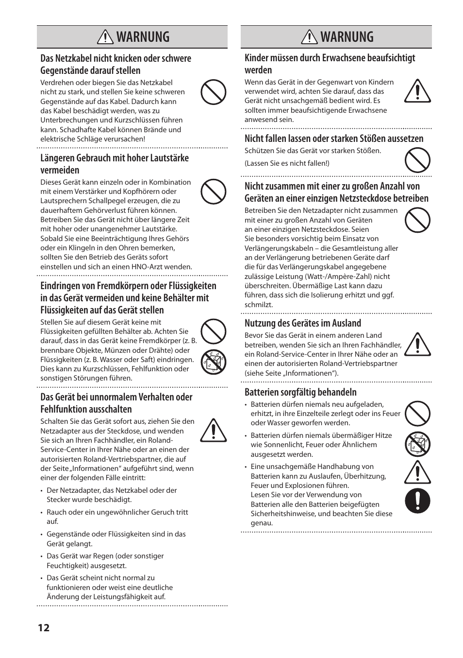 Warnung | Roland MOBILE AC: Acoustic Chorus Battery-Powered Amplifier User Manual | Page 30 / 116