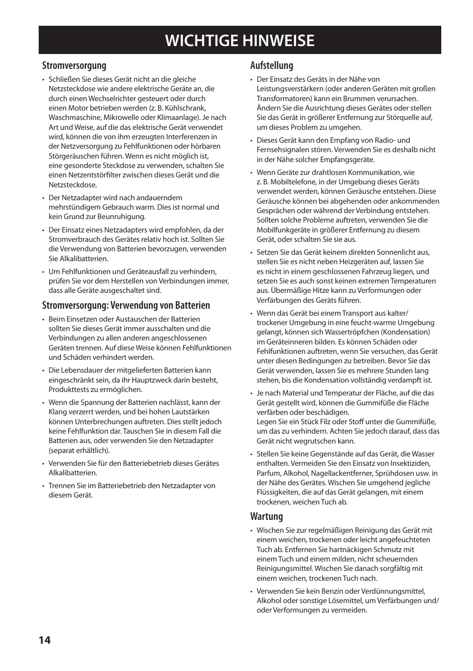 Wichtige hinweise, Stromversorgung, Stromversorgung: verwendung von batterien | Aufstellung, Wartung | Roland MOBILE AC: Acoustic Chorus Battery-Powered Amplifier User Manual | Page 32 / 116