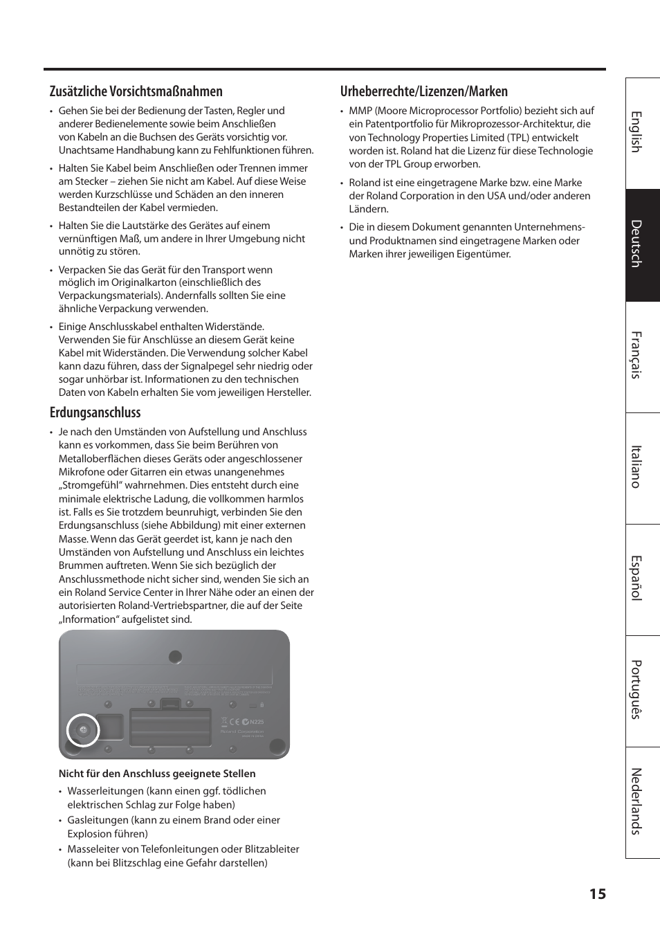 Zusätzliche vorsichtsmaßnahmen, Erdungsanschluss, Urheberrechte/lizenzen/marken | Roland MOBILE AC: Acoustic Chorus Battery-Powered Amplifier User Manual | Page 33 / 116