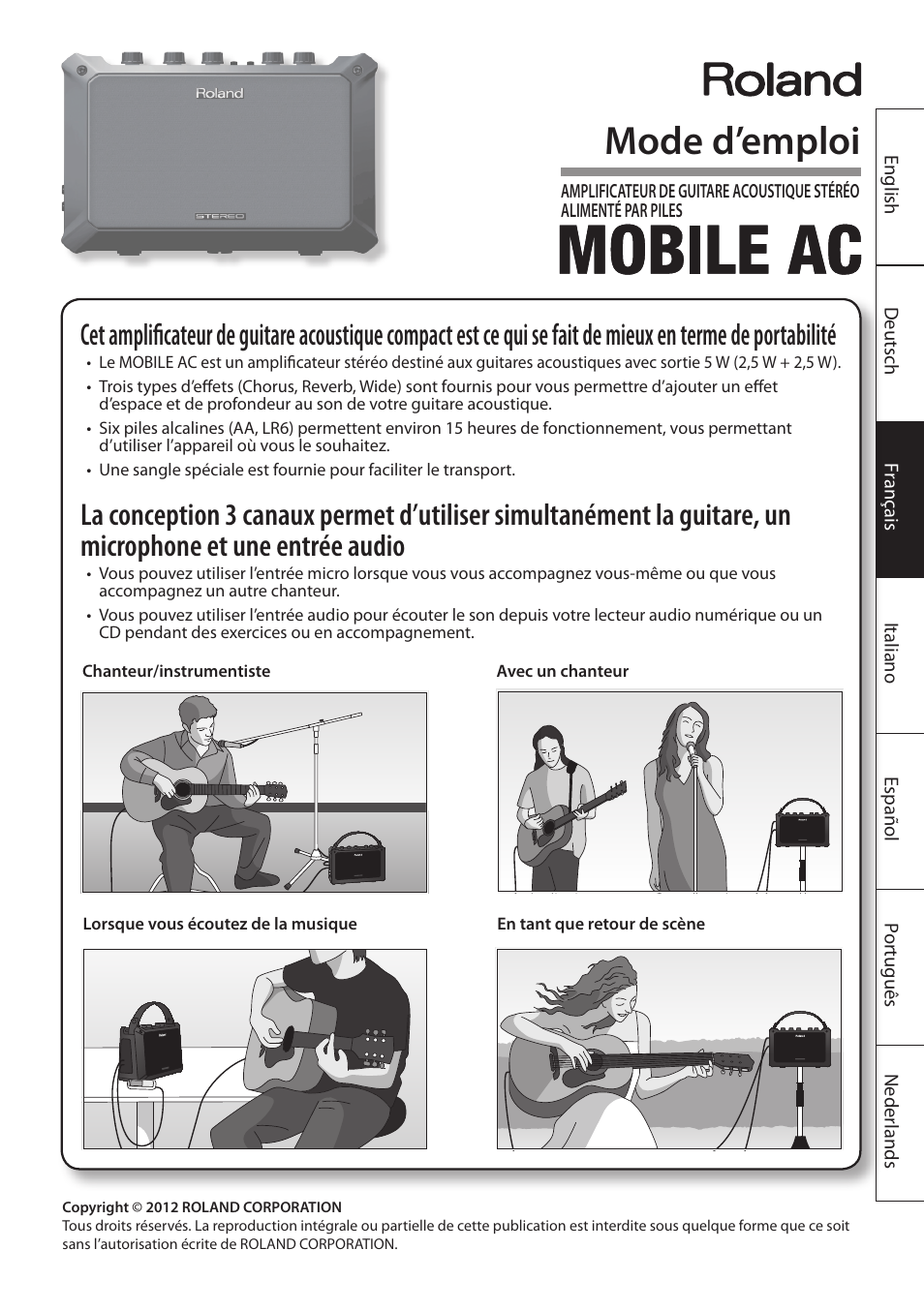 Français, Mode d’emploi | Roland MOBILE AC: Acoustic Chorus Battery-Powered Amplifier User Manual | Page 35 / 116