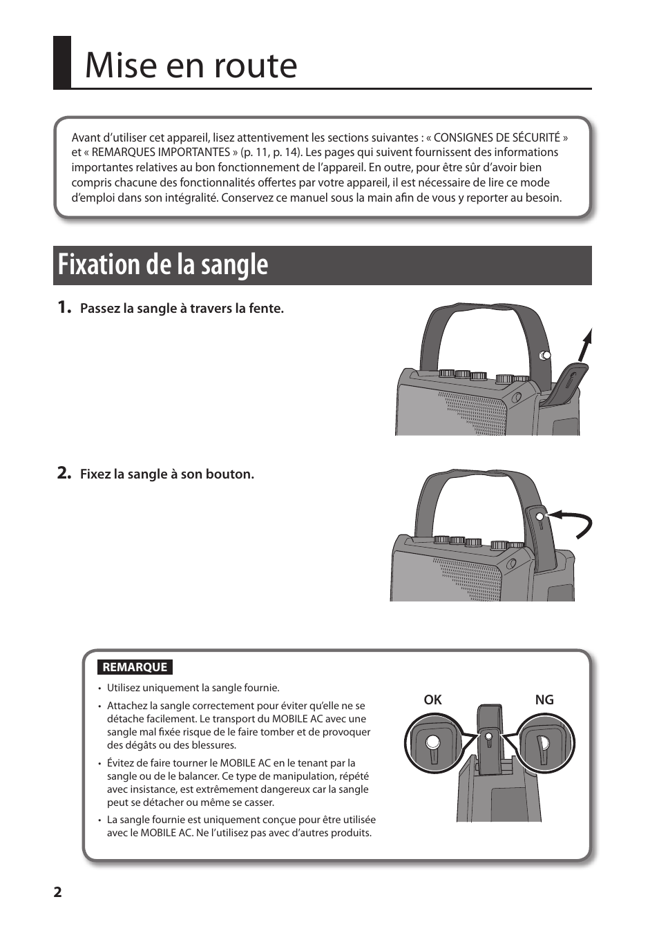 Mise en route, Fixation de la sangle | Roland MOBILE AC: Acoustic Chorus Battery-Powered Amplifier User Manual | Page 36 / 116