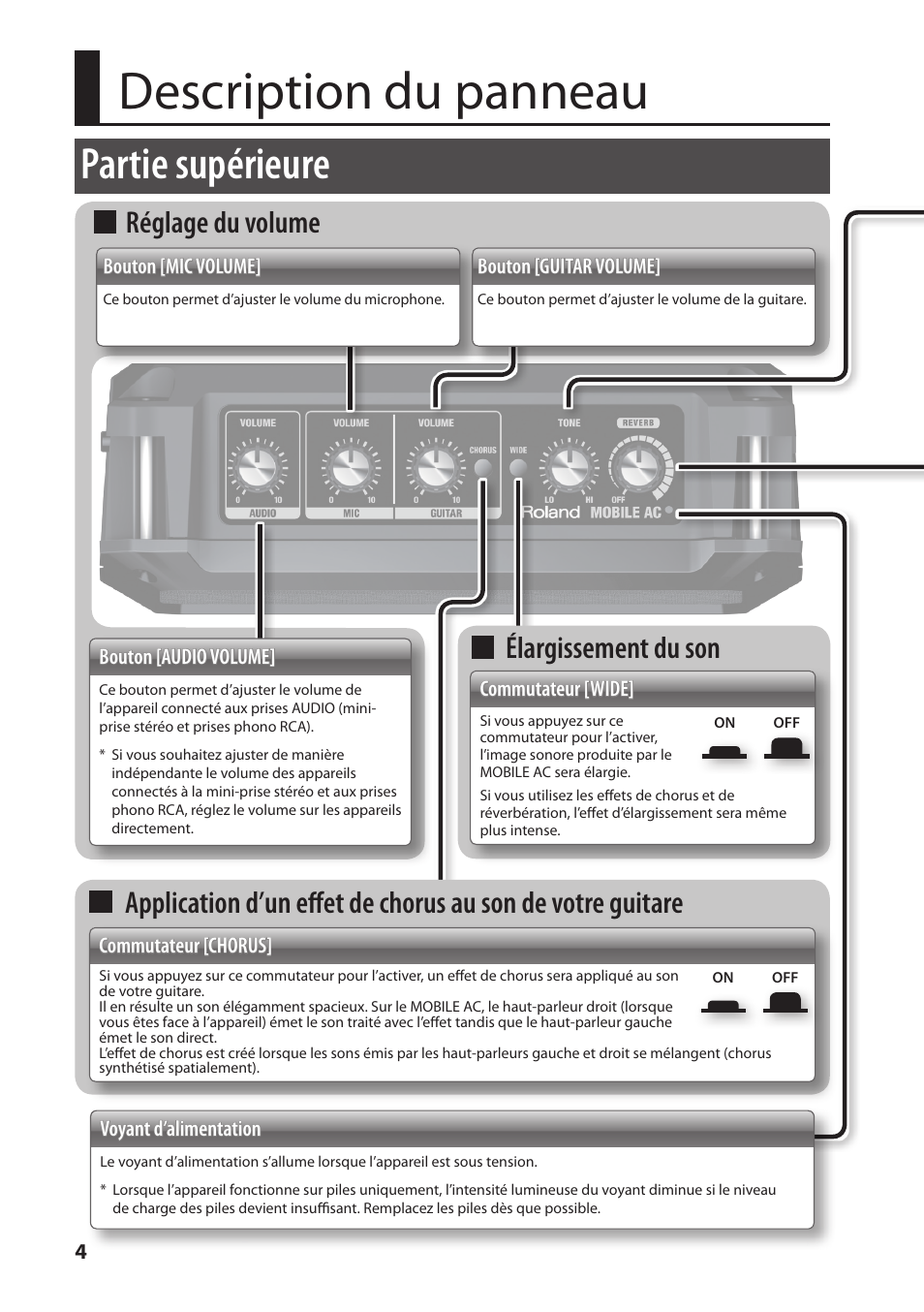 Description du panneau, Partie supérieure, Réglage du volume | Élargissement du son | Roland MOBILE AC: Acoustic Chorus Battery-Powered Amplifier User Manual | Page 38 / 116