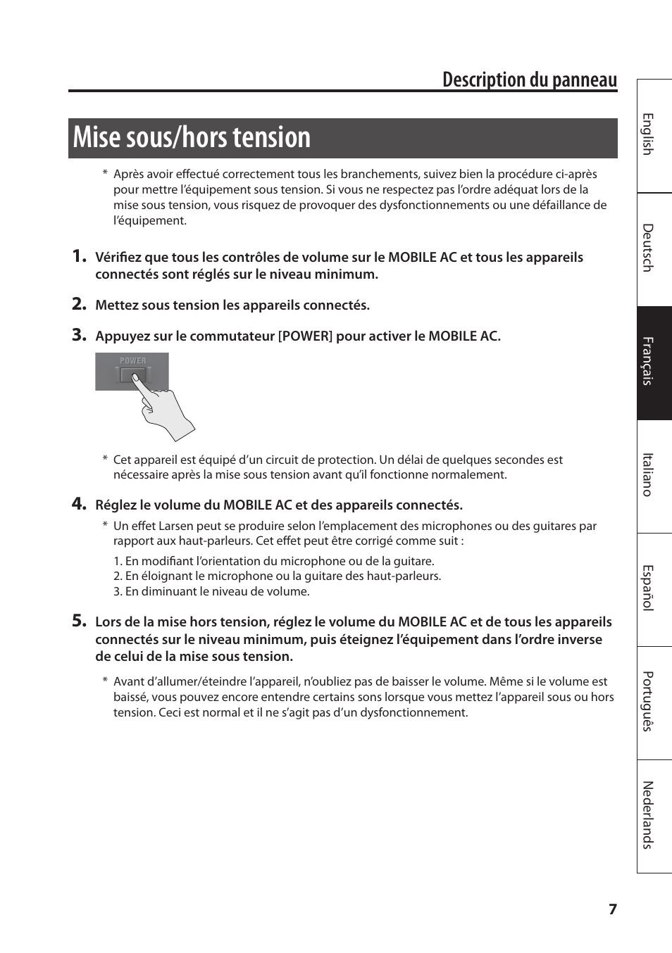 Mise sous/hors tension, Description du panneau | Roland MOBILE AC: Acoustic Chorus Battery-Powered Amplifier User Manual | Page 41 / 116