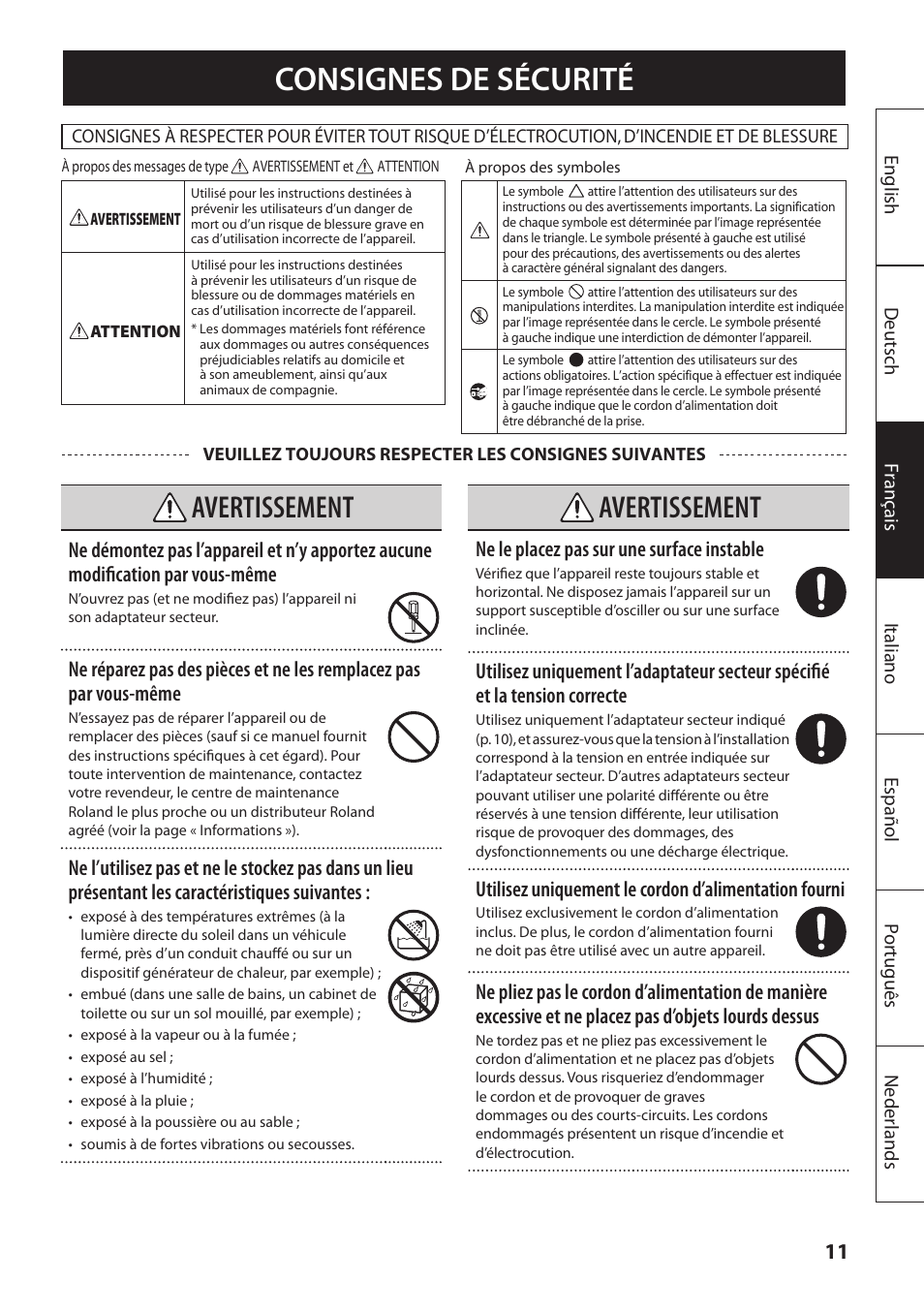 Consignes de sécurité, Avertissement | Roland MOBILE AC: Acoustic Chorus Battery-Powered Amplifier User Manual | Page 45 / 116