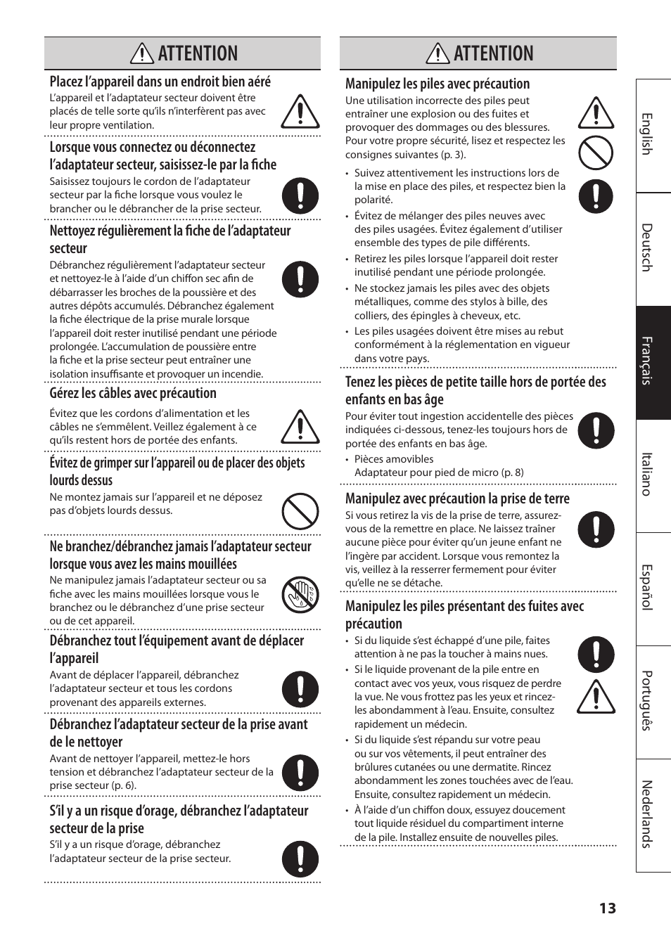 Attention | Roland MOBILE AC: Acoustic Chorus Battery-Powered Amplifier User Manual | Page 47 / 116