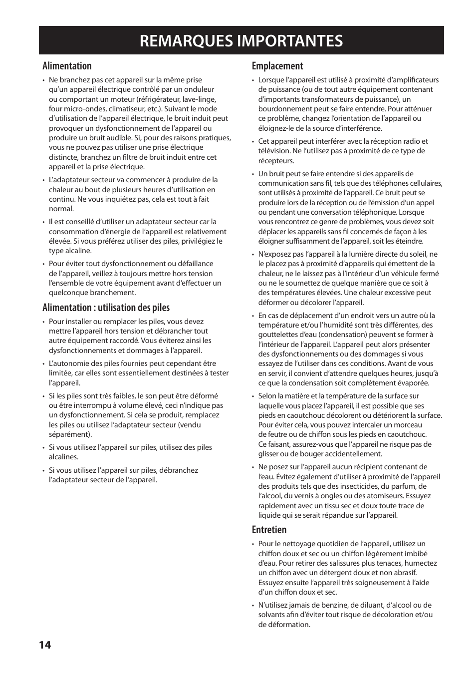 Remarques importantes, Alimentation, Alimentation : utilisation des piles | Emplacement, Entretien | Roland MOBILE AC: Acoustic Chorus Battery-Powered Amplifier User Manual | Page 48 / 116