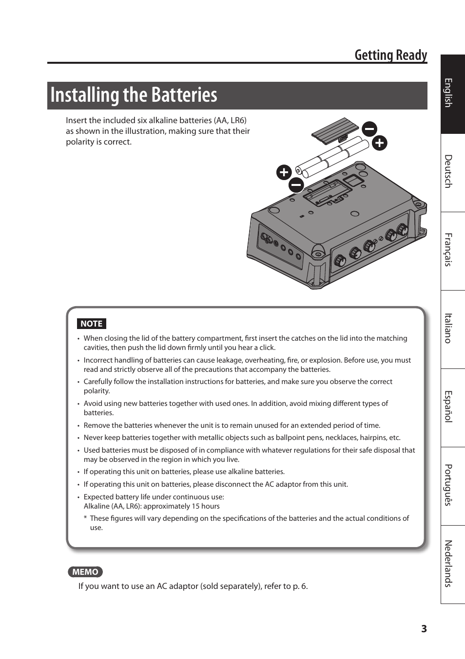 Installing the batteries, Getting ready | Roland MOBILE AC: Acoustic Chorus Battery-Powered Amplifier User Manual | Page 5 / 116
