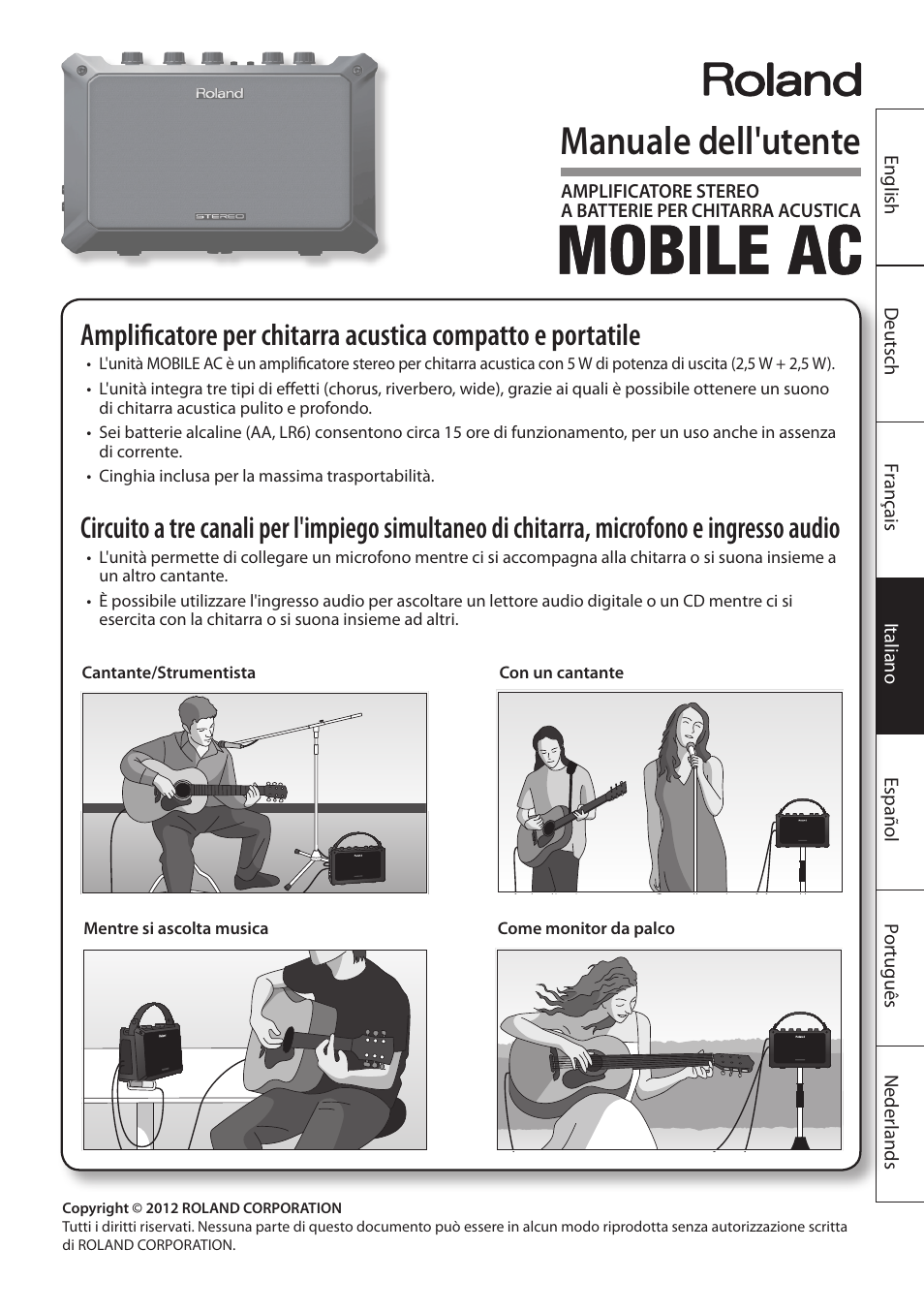 Italiano, Manuale dell'utente | Roland MOBILE AC: Acoustic Chorus Battery-Powered Amplifier User Manual | Page 51 / 116