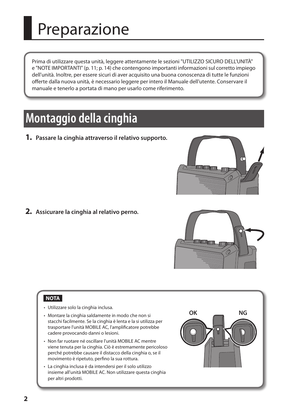 Preparazione, Montaggio della cinghia | Roland MOBILE AC: Acoustic Chorus Battery-Powered Amplifier User Manual | Page 52 / 116