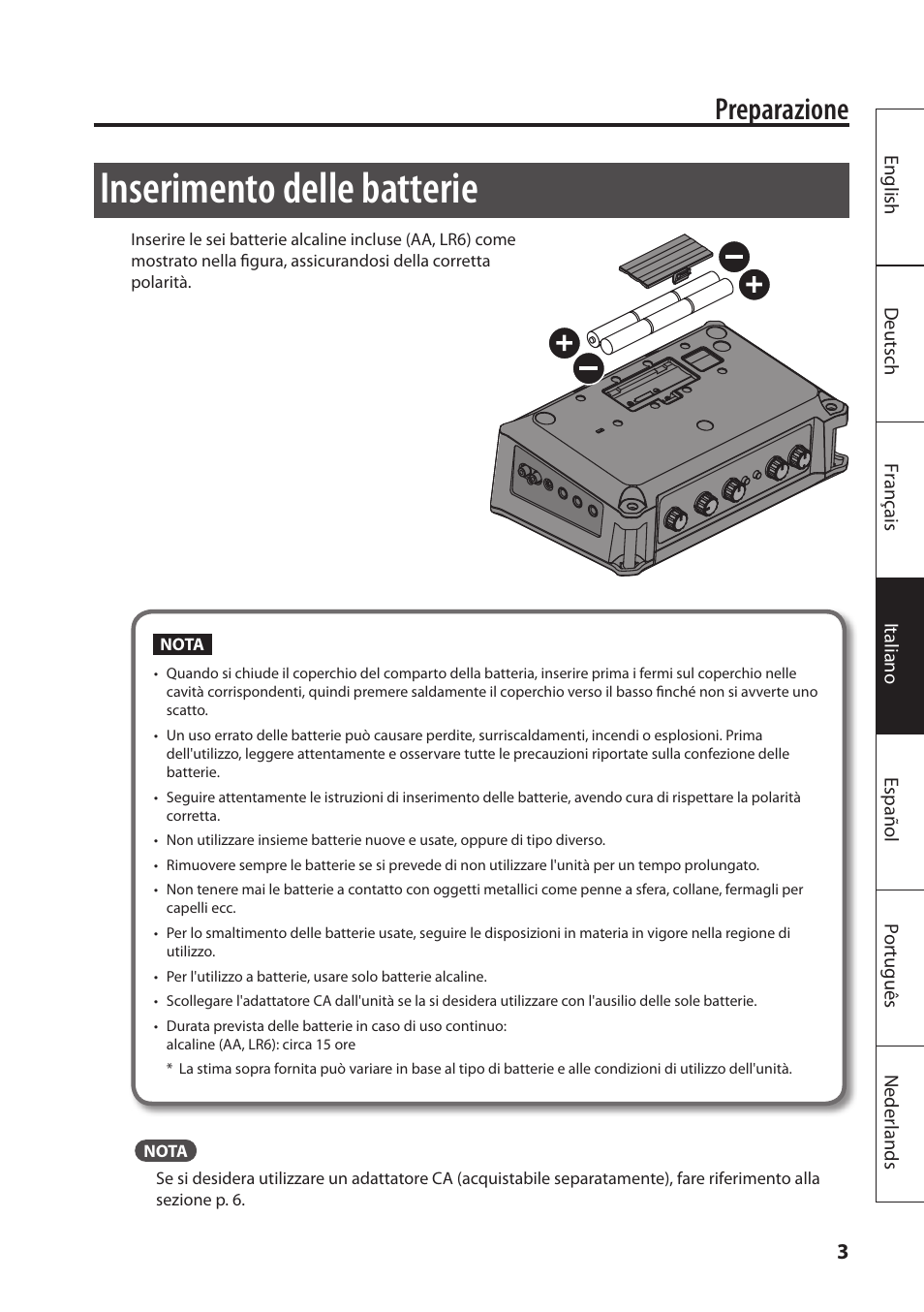 Inserimento delle batterie, Preparazione | Roland MOBILE AC: Acoustic Chorus Battery-Powered Amplifier User Manual | Page 53 / 116