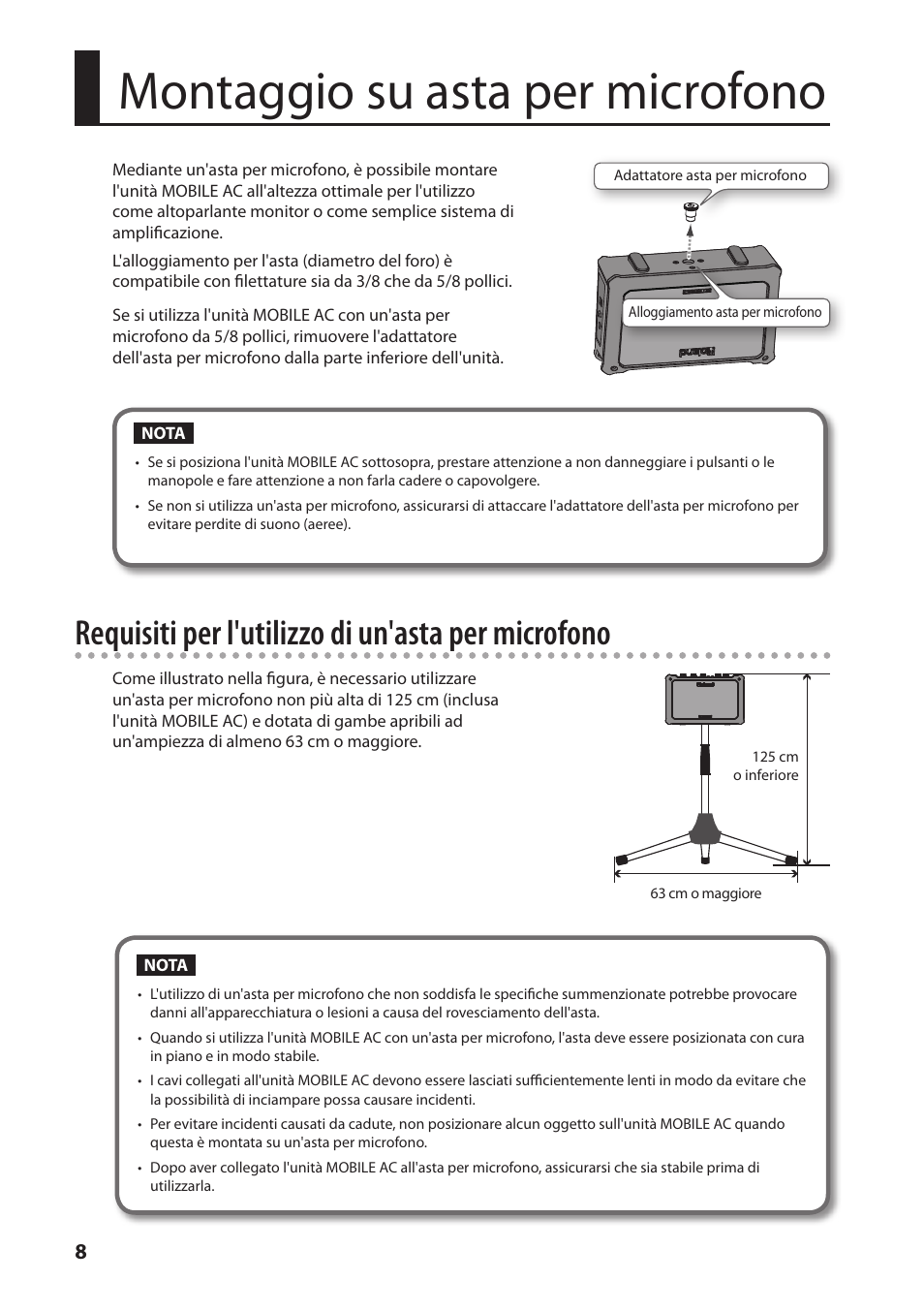 Montaggio su asta per microfono, Requisiti per l'utilizzo di un'asta per microfono | Roland MOBILE AC: Acoustic Chorus Battery-Powered Amplifier User Manual | Page 58 / 116