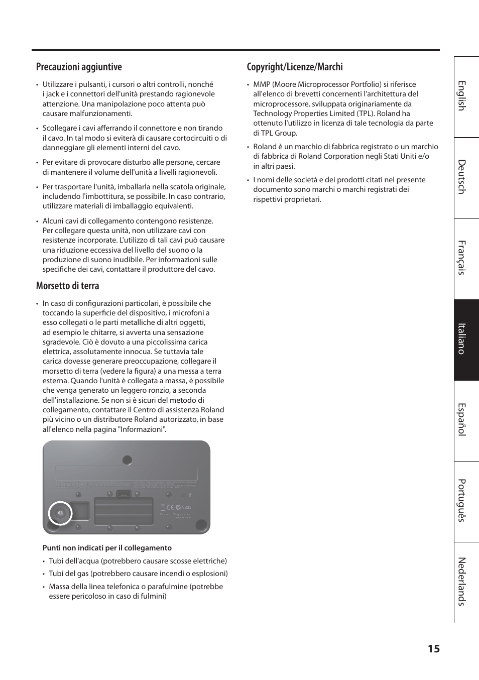 Precauzioni aggiuntive, Morsetto di terra, Copyright/licenze/marchi | Roland MOBILE AC: Acoustic Chorus Battery-Powered Amplifier User Manual | Page 65 / 116