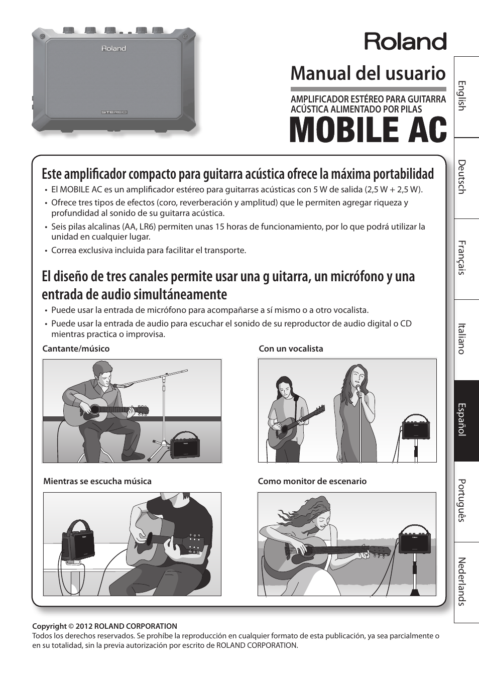 Español, Manual del usuario | Roland MOBILE AC: Acoustic Chorus Battery-Powered Amplifier User Manual | Page 67 / 116