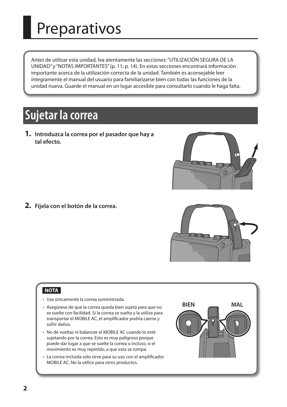 Preparativos, Sujetar la correa | Roland MOBILE AC: Acoustic Chorus Battery-Powered Amplifier User Manual | Page 68 / 116