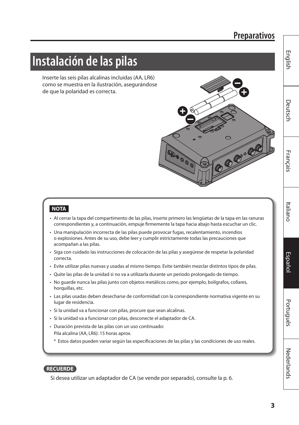 Instalación de las pilas, Preparativos | Roland MOBILE AC: Acoustic Chorus Battery-Powered Amplifier User Manual | Page 69 / 116