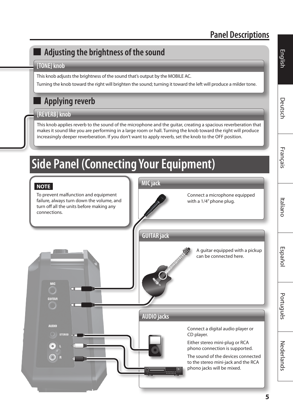 Side panel (connecting your equipment), Panel descriptions, Adjusting the brightness of the sound | Applying reverb | Roland MOBILE AC: Acoustic Chorus Battery-Powered Amplifier User Manual | Page 7 / 116