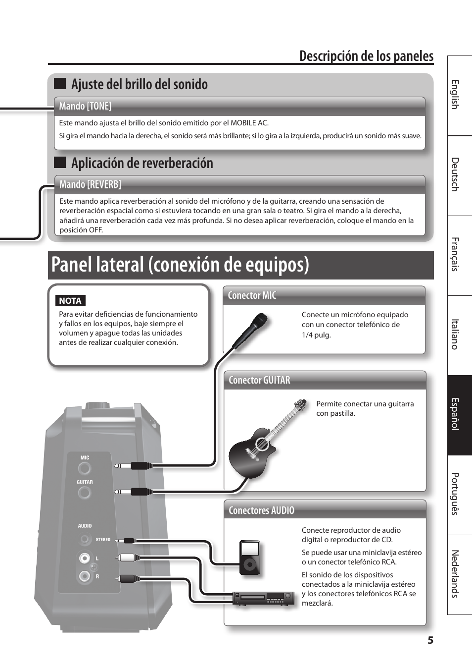 Panel lateral (conexión de equipos), Descripción de los paneles, Ajuste del brillo del sonido | Aplicación de reverberación | Roland MOBILE AC: Acoustic Chorus Battery-Powered Amplifier User Manual | Page 71 / 116