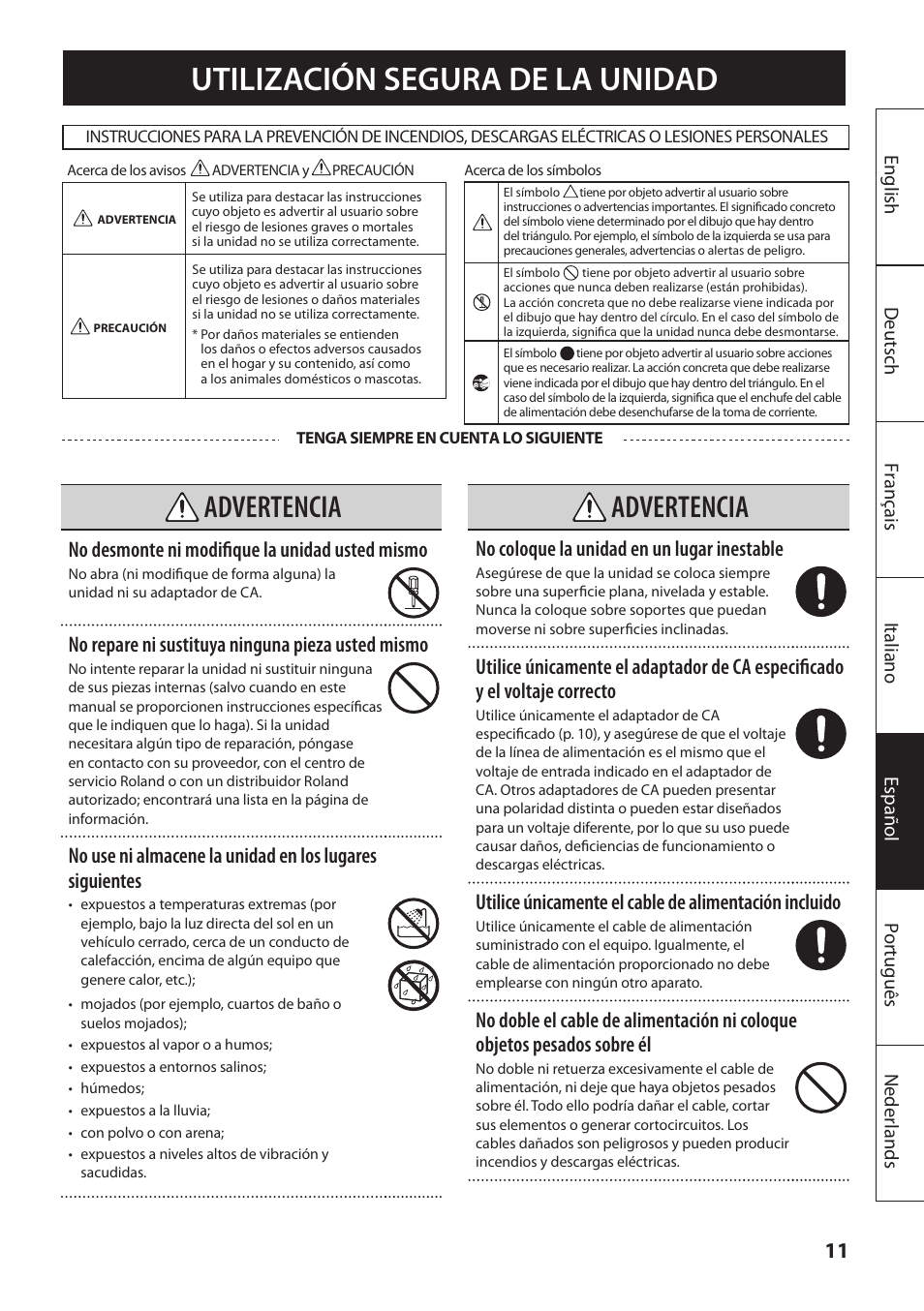 Utilización segura de la unidad, Advertencia, No desmonte ni modifique la unidad usted mismo | No repare ni sustituya ninguna pieza usted mismo, No coloque la unidad en un lugar inestable | Roland MOBILE AC: Acoustic Chorus Battery-Powered Amplifier User Manual | Page 77 / 116