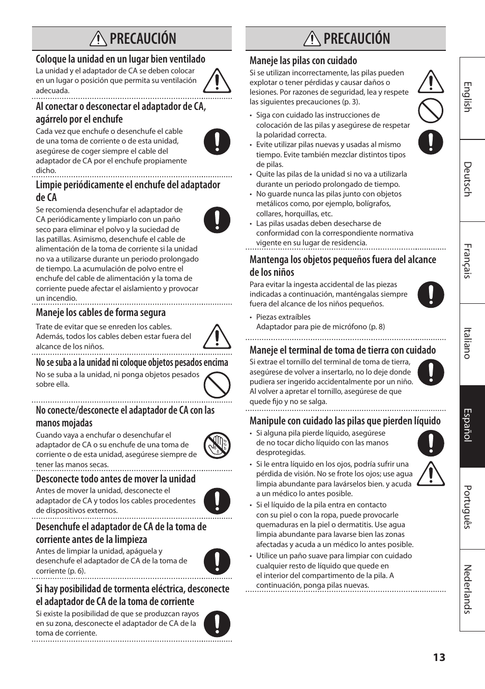 Precaución | Roland MOBILE AC: Acoustic Chorus Battery-Powered Amplifier User Manual | Page 79 / 116