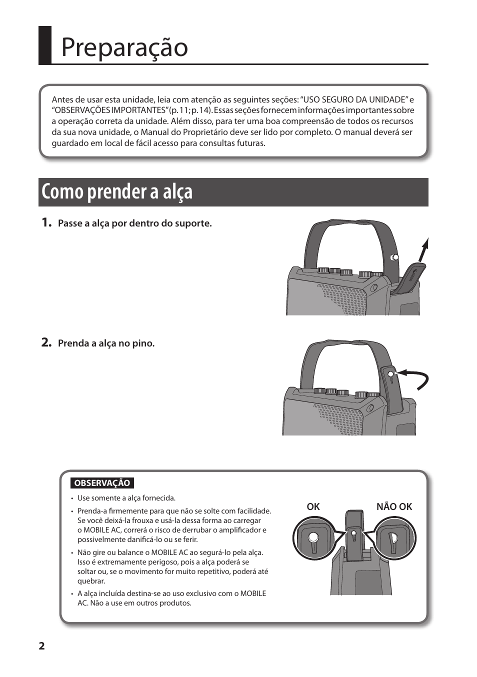 Preparação, Como prender a alça | Roland MOBILE AC: Acoustic Chorus Battery-Powered Amplifier User Manual | Page 84 / 116