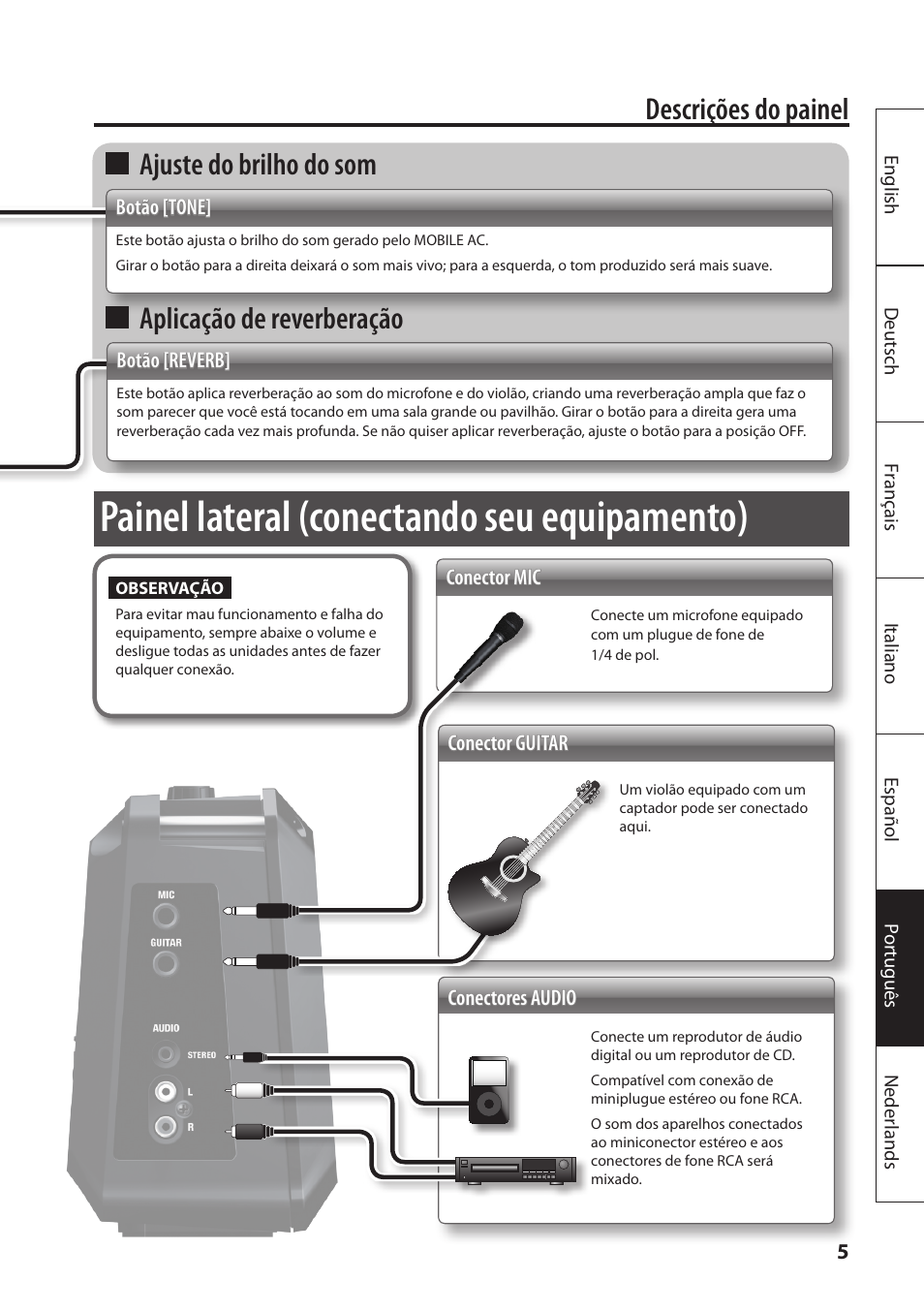 Painel lateral (conectando seu equipamento), Descrições do painel, Ajuste do brilho do som | Aplicação de reverberação | Roland MOBILE AC: Acoustic Chorus Battery-Powered Amplifier User Manual | Page 87 / 116