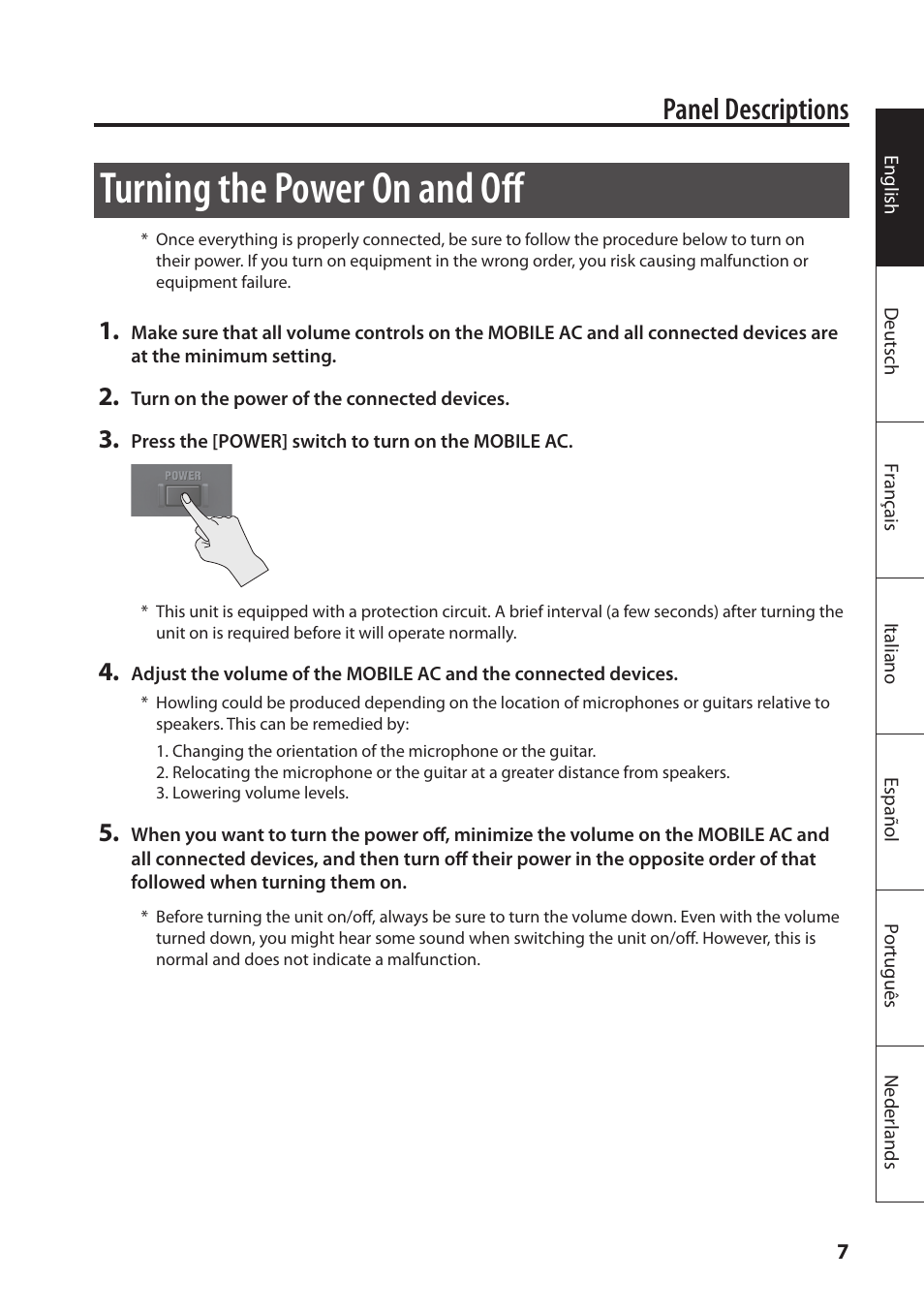 Turning the power on and off, Panel descriptions | Roland MOBILE AC: Acoustic Chorus Battery-Powered Amplifier User Manual | Page 9 / 116