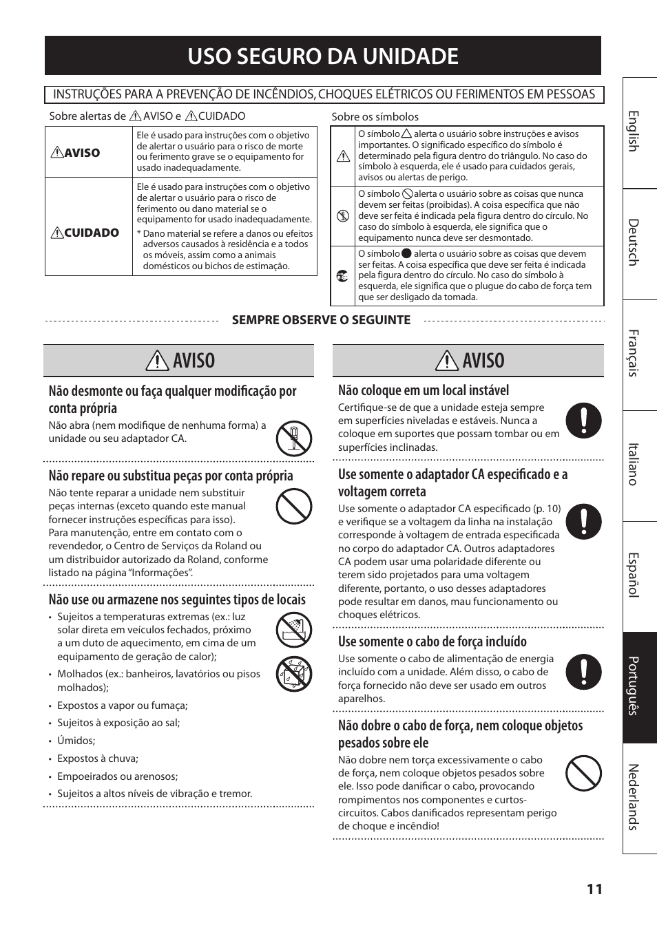 Uso seguro do equipamento, Uso seguro da unidade, Aviso | Roland MOBILE AC: Acoustic Chorus Battery-Powered Amplifier User Manual | Page 93 / 116