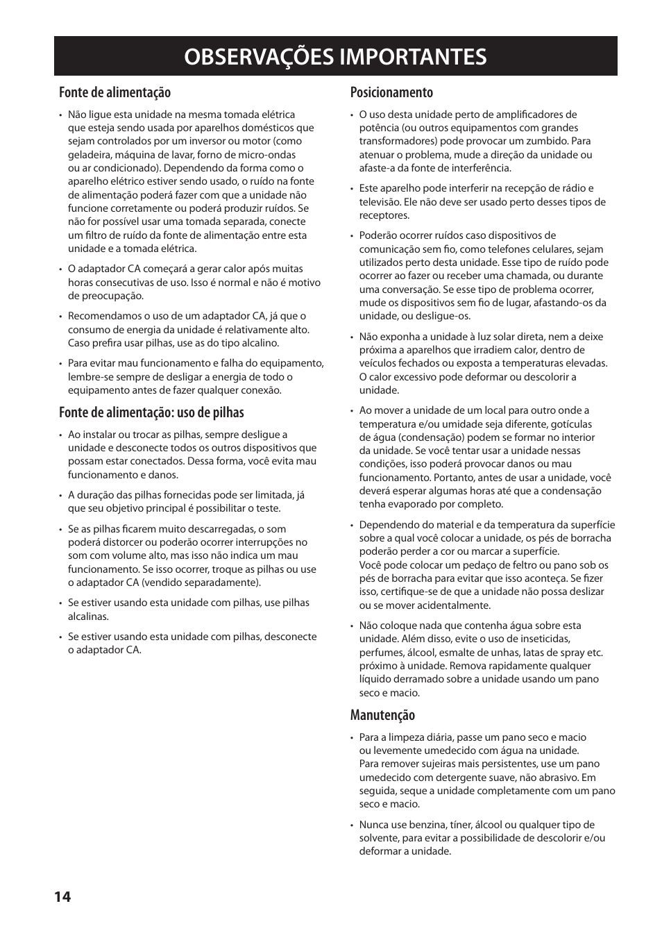 Observações importantes, Fonte de alimentação, Fonte de alimentação: uso de pilhas | Posicionamento, Manutenção | Roland MOBILE AC: Acoustic Chorus Battery-Powered Amplifier User Manual | Page 96 / 116