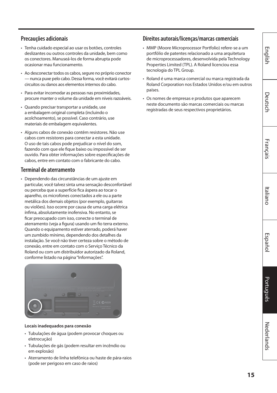 Precauções adicionais, Terminal de aterramento, Direitos autorais/licenças/marcas comerciais | Roland MOBILE AC: Acoustic Chorus Battery-Powered Amplifier User Manual | Page 97 / 116