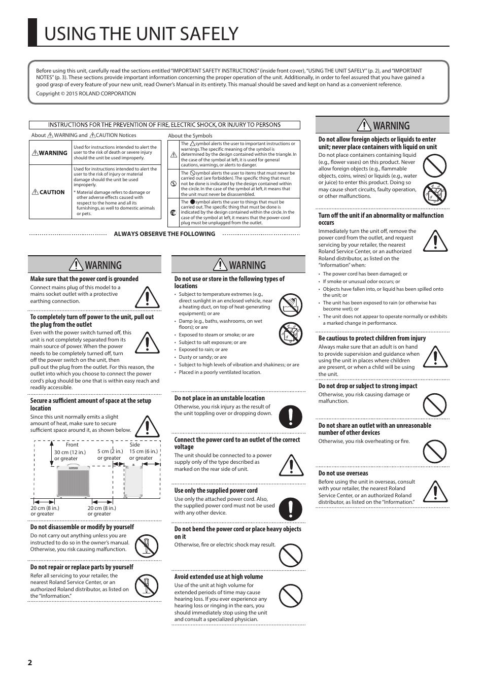 Using the unit safely, Warning | Roland Blues Cube Hot 30W 1x12" Guitar Combo Amplifier (Vintage Blonde) User Manual | Page 2 / 8