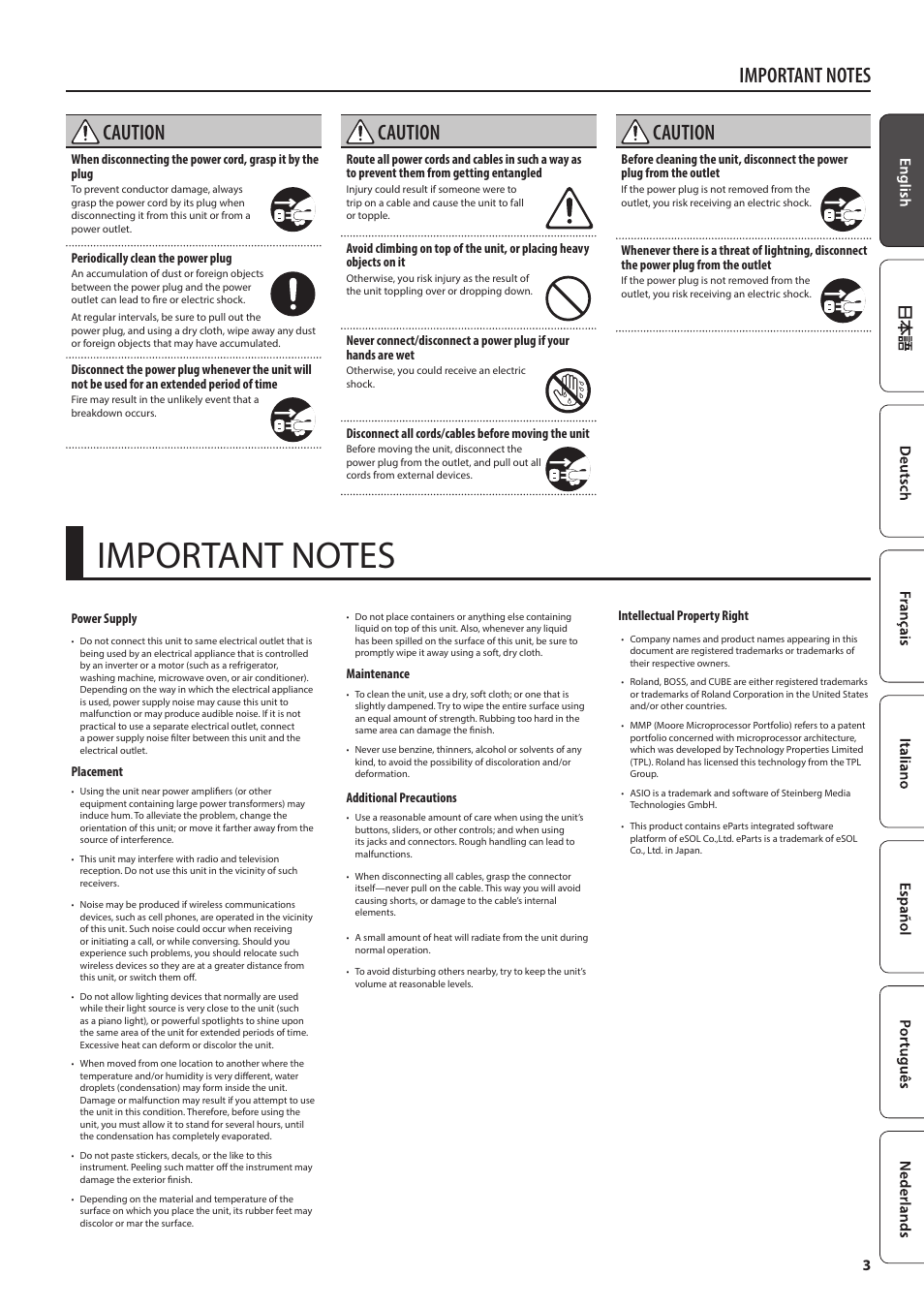 Important notes, Caution | Roland Blues Cube Hot 30W 1x12" Guitar Combo Amplifier (Vintage Blonde) User Manual | Page 3 / 8