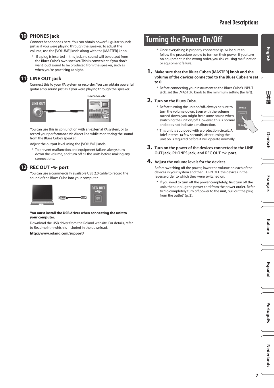 Turning the power on/off, Panel descriptions | Roland Blues Cube Hot 30W 1x12" Guitar Combo Amplifier (Vintage Blonde) User Manual | Page 7 / 8