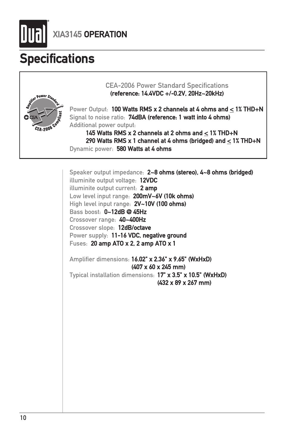 Specifications, Xia3145 operation | Dual XIA3145 User Manual | Page 10 / 12