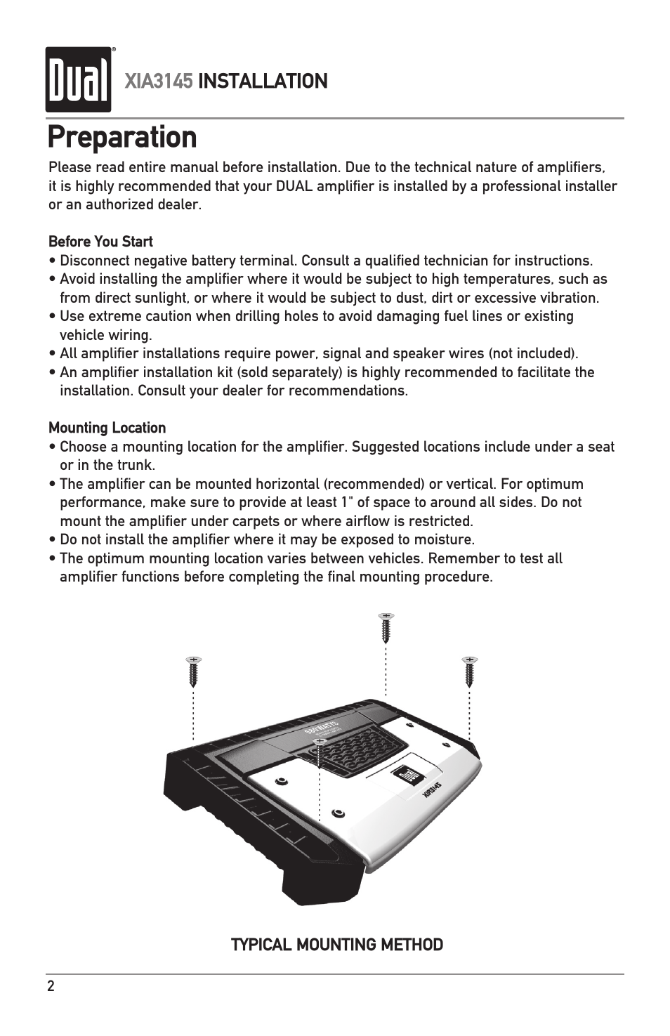 Preparation, Xia3145 installation | Dual XIA3145 User Manual | Page 2 / 12