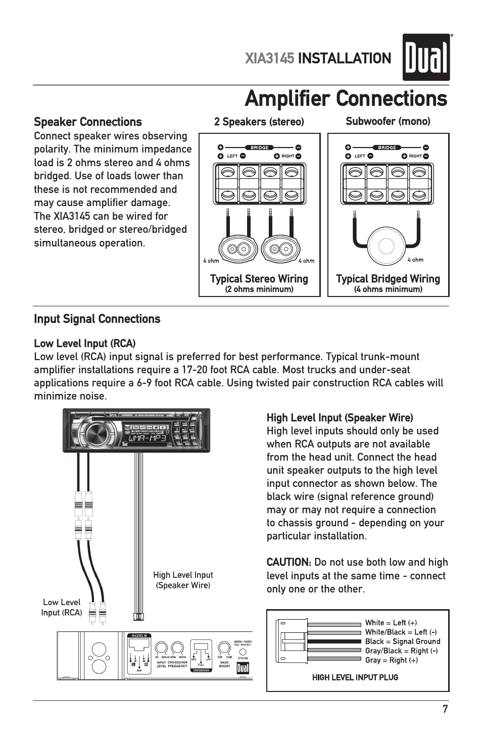 Amplifier connections, Xia3145 installation | Dual XIA3145 User Manual | Page 7 / 12