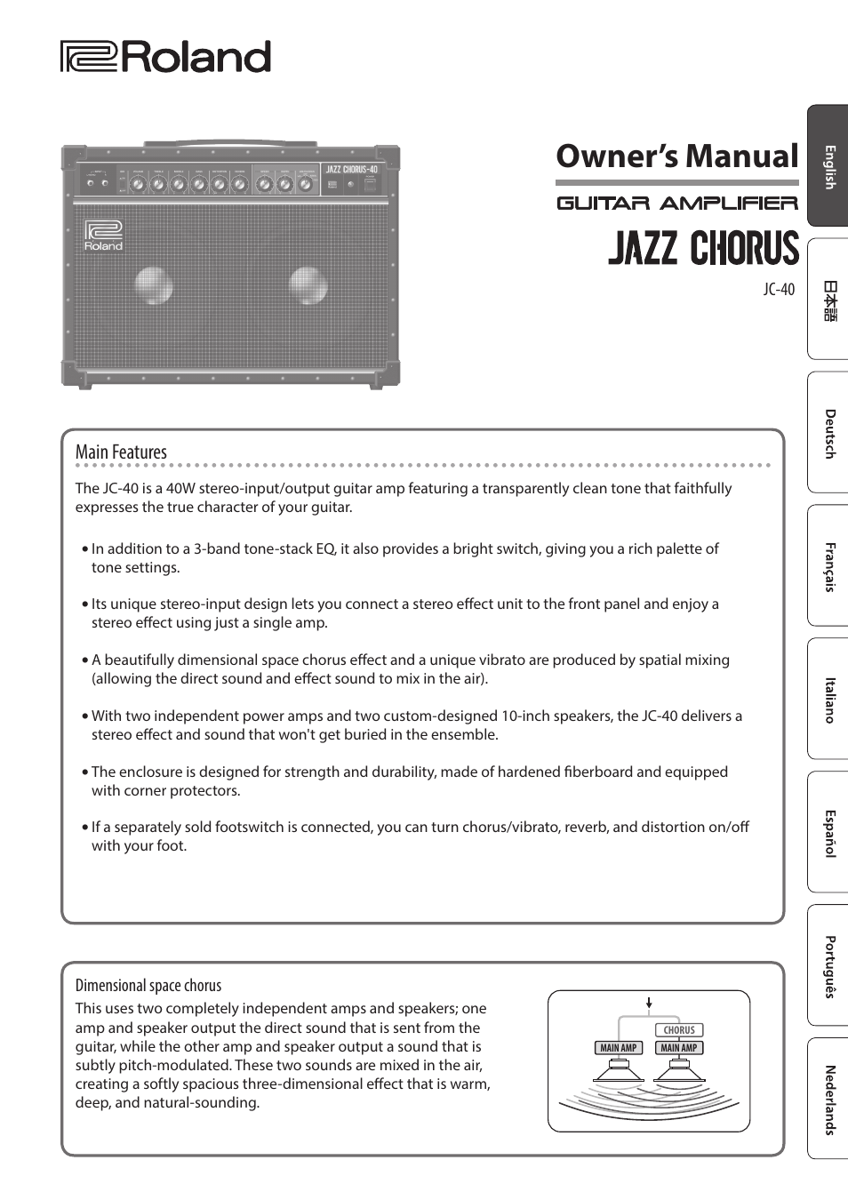 Roland JC-40 Jazz Chorus 40W 2x10 Guitar Amplifier User Manual | 10 pages