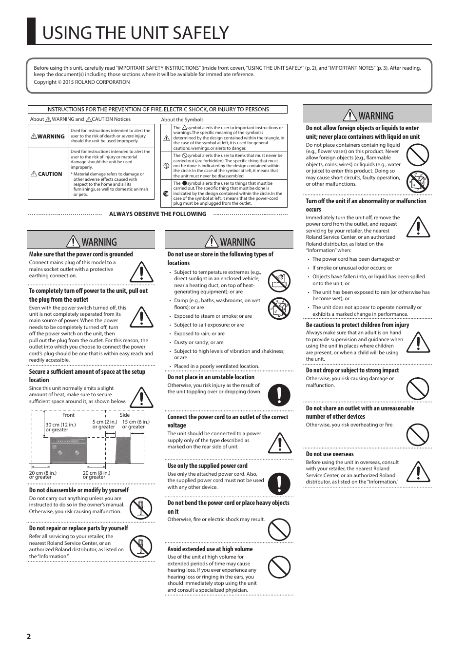 Using the unit safely, Warning | Roland JC-40 Jazz Chorus 40W 2x10 Guitar Amplifier User Manual | Page 2 / 10