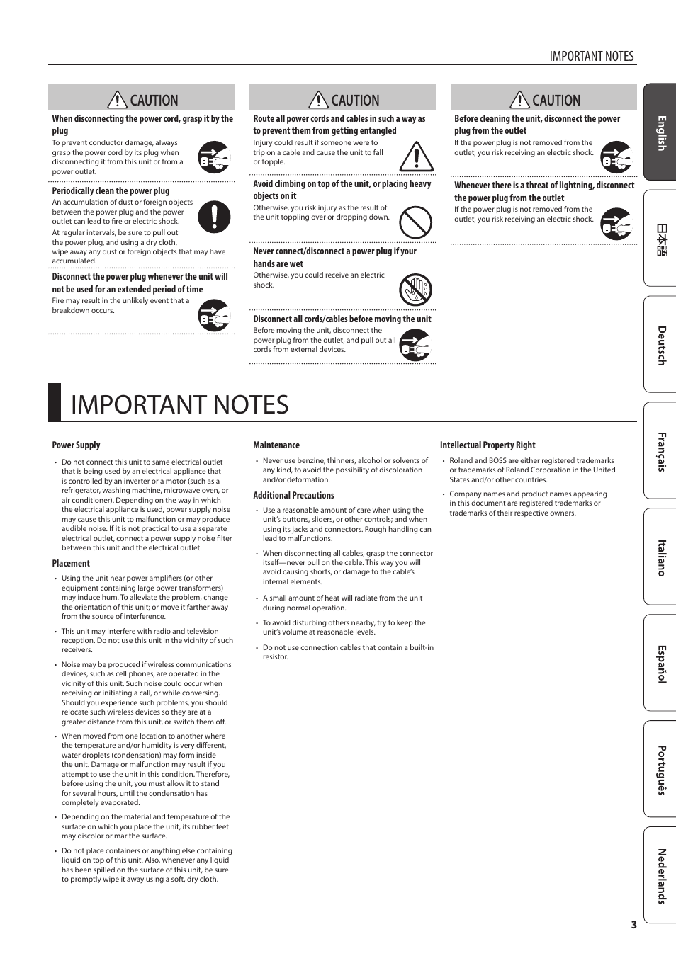 Caution | Roland JC-40 Jazz Chorus 40W 2x10 Guitar Amplifier User Manual | Page 3 / 10