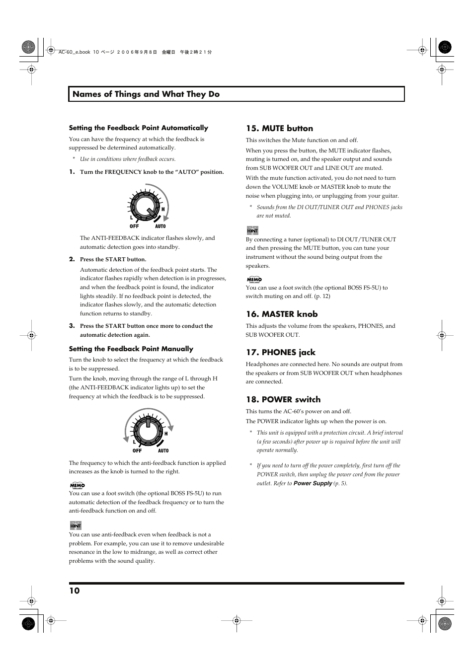 10 names of things and what they do, Mute button, Master knob | Phones jack, Power switch | Roland AC-60 Acoustic Chorus Guitar Amplifier User Manual | Page 10 / 20