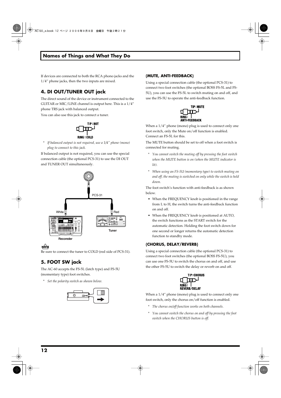 Switch muting on and off. (p. 12), 12 names of things and what they do, Di out/tuner out jack | Foot sw jack | Roland AC-60 Acoustic Chorus Guitar Amplifier User Manual | Page 12 / 20