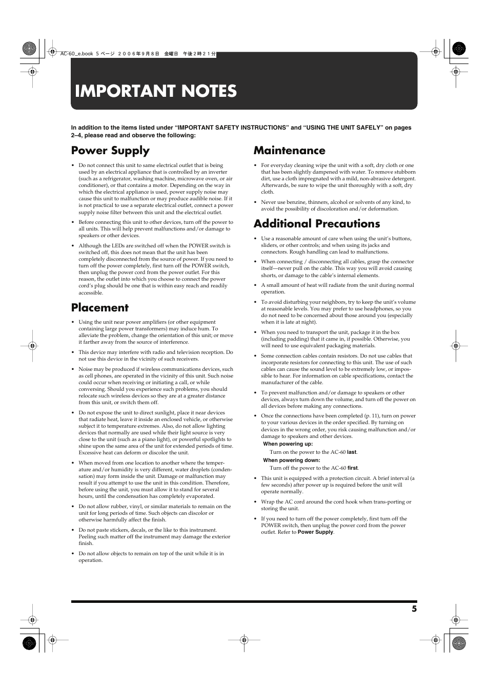 Important notes, Power supply, Placement | Maintenance, Additional precautions | Roland AC-60 Acoustic Chorus Guitar Amplifier User Manual | Page 5 / 20