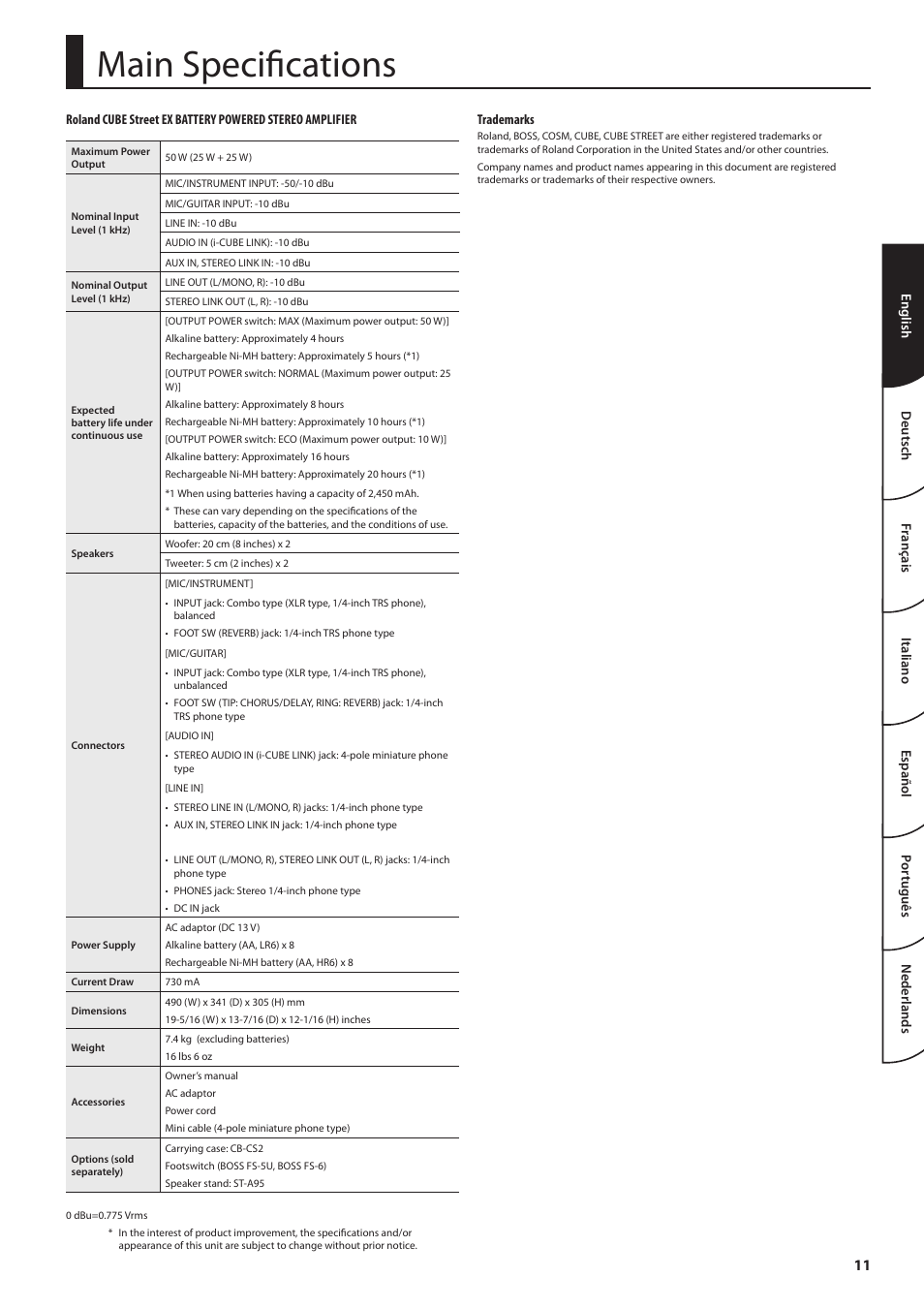 Main specifications | Roland CUBE Street EX Battery-Powered Stereo Amplifier User Manual | Page 11 / 16