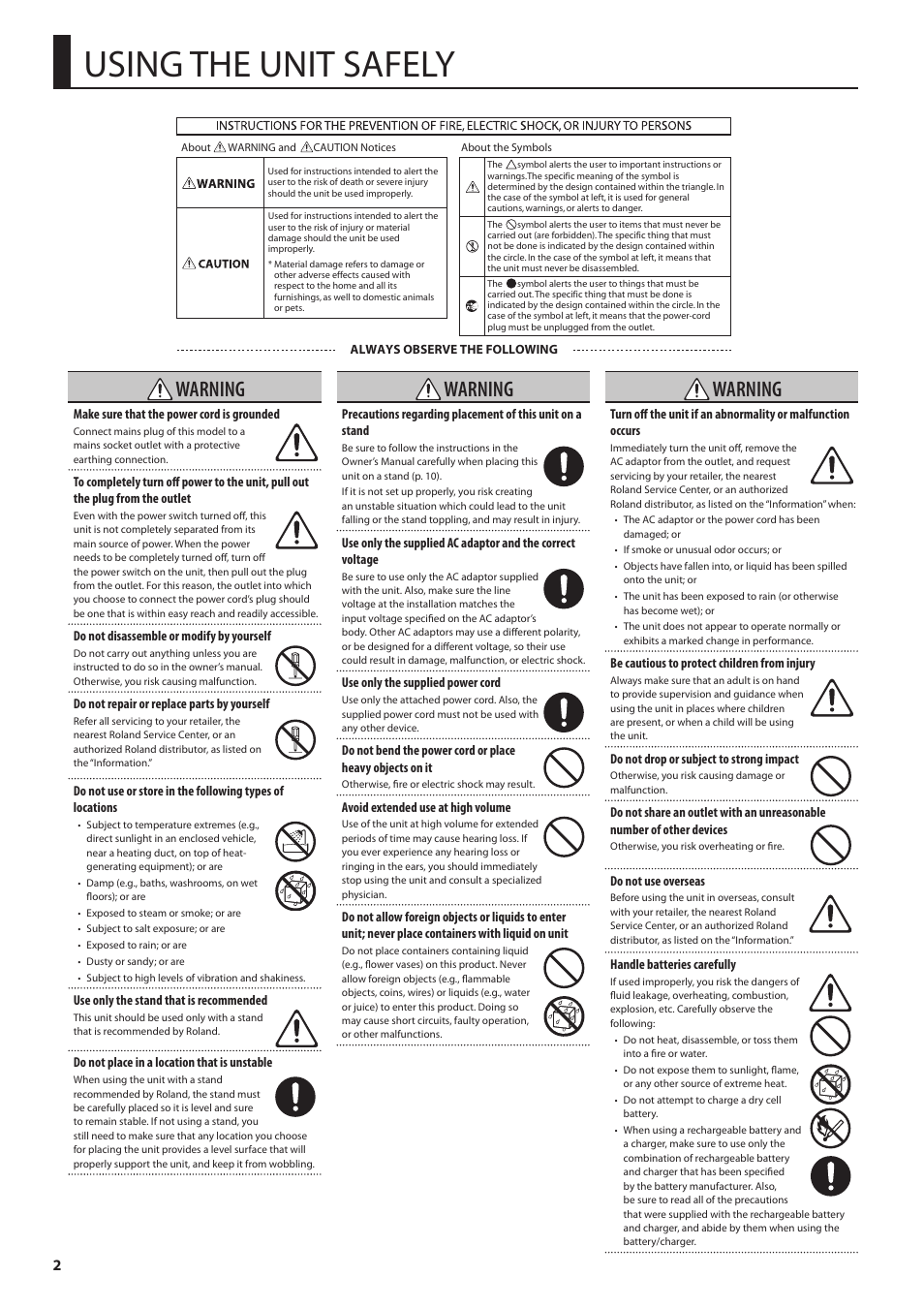 Using the unit safely, Warning | Roland CUBE Street EX Battery-Powered Stereo Amplifier User Manual | Page 2 / 16