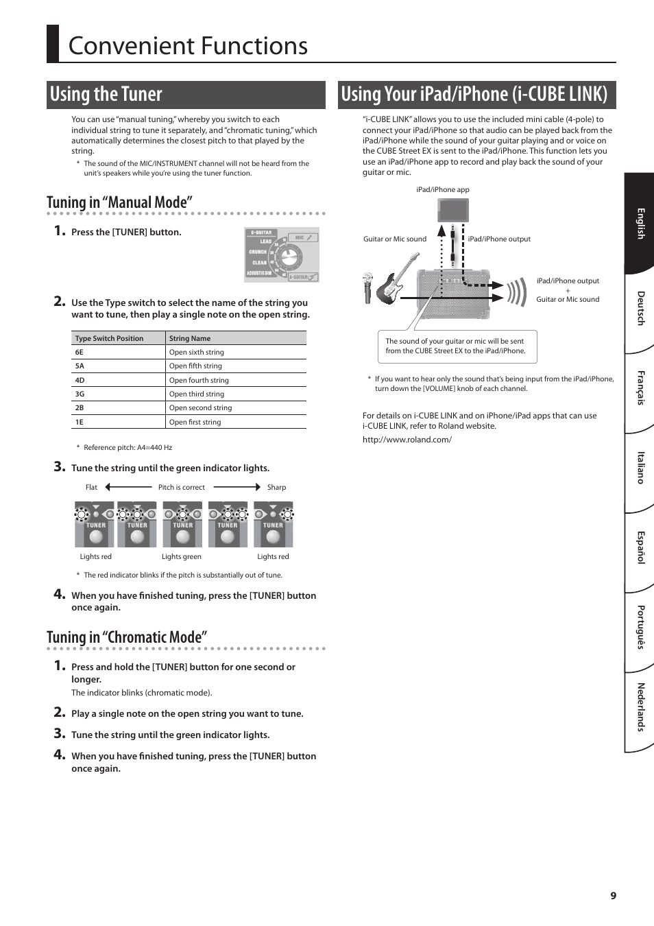 Convenient functions, Using the tuner, Using your ipad/iphone (i-cube link) | Tuning in “manual mode, Tuning in “chromatic mode | Roland CUBE Street EX Battery-Powered Stereo Amplifier User Manual | Page 9 / 16