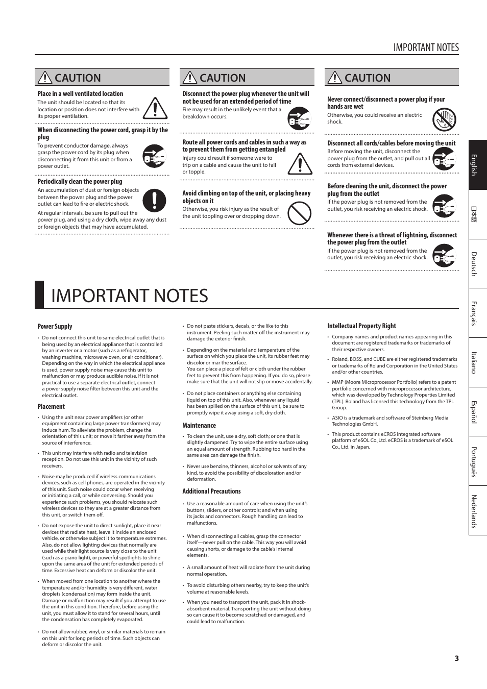 Important notes, Caution | Roland Blues Cube Stage Guitar Amplifier (60W, 1x12) User Manual | Page 3 / 12