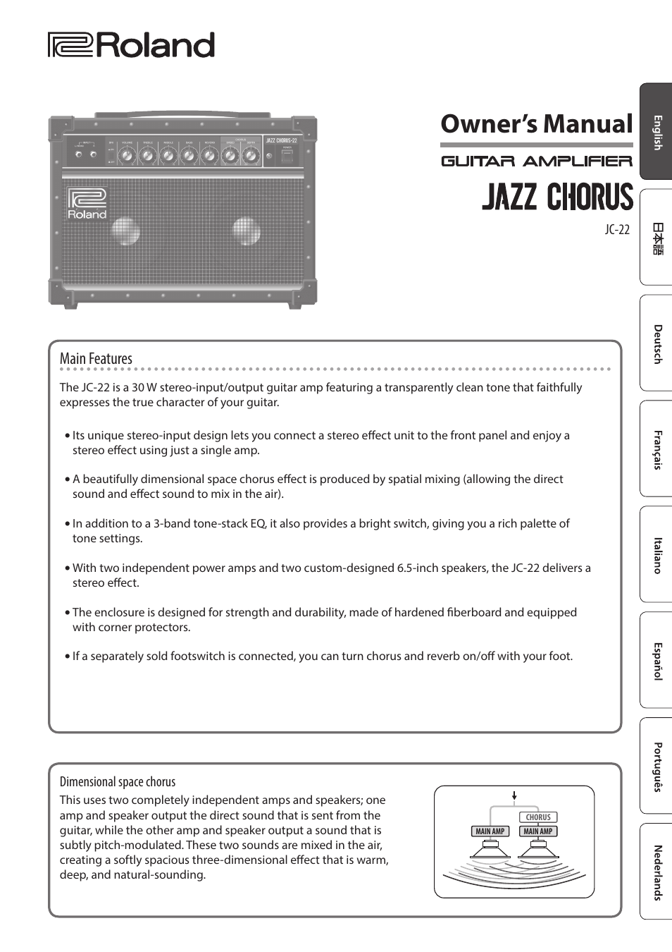 Roland JC-22 Jazz Chorus 30W 2x6.5 Guitar Amplifier User Manual | 10 pages