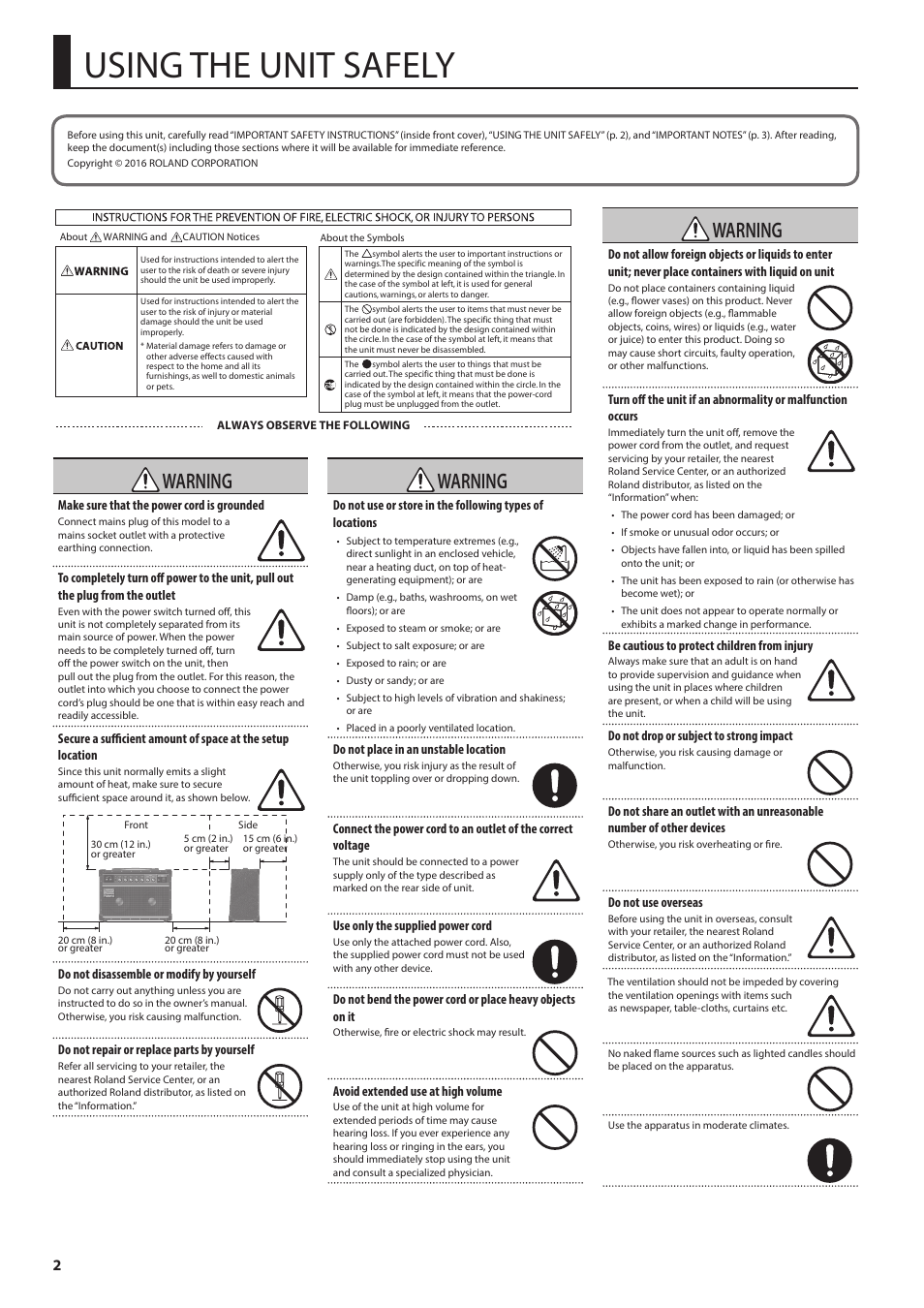 Using the unit safely, Warning | Roland JC-22 Jazz Chorus 30W 2x6.5 Guitar Amplifier User Manual | Page 2 / 10