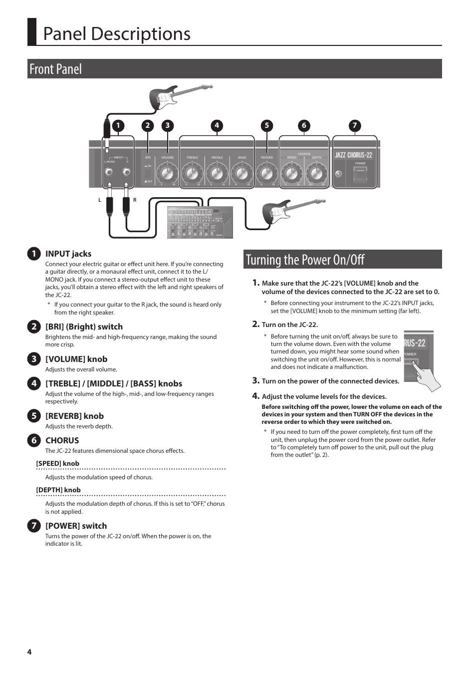 Panel descriptions, Front panel, Turning the power on/off | Roland JC-22 Jazz Chorus 30W 2x6.5 Guitar Amplifier User Manual | Page 4 / 10