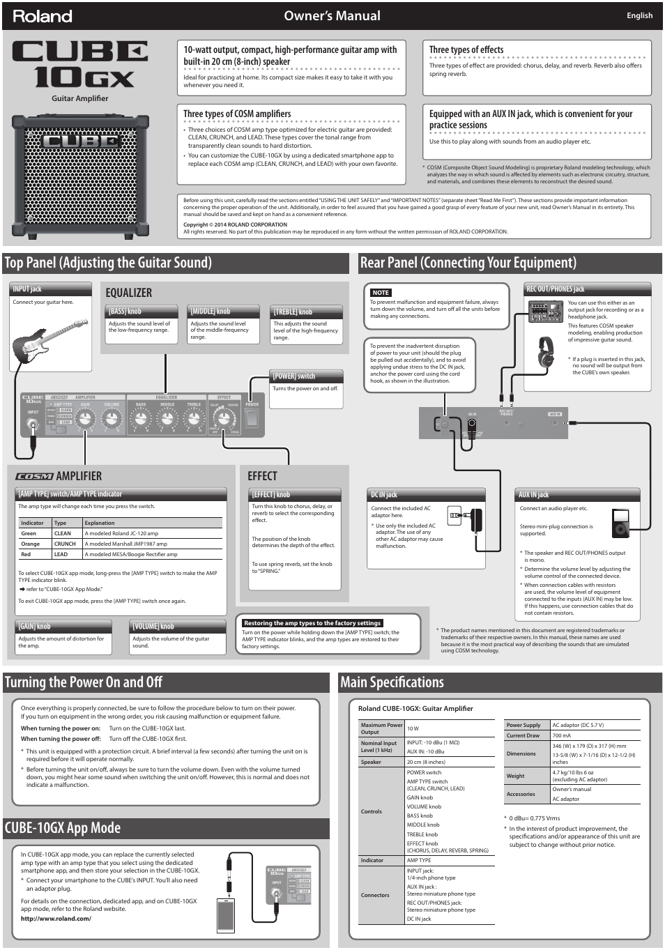 Roland CUBE-10GX Guitar Amplifier User Manual | 1 page